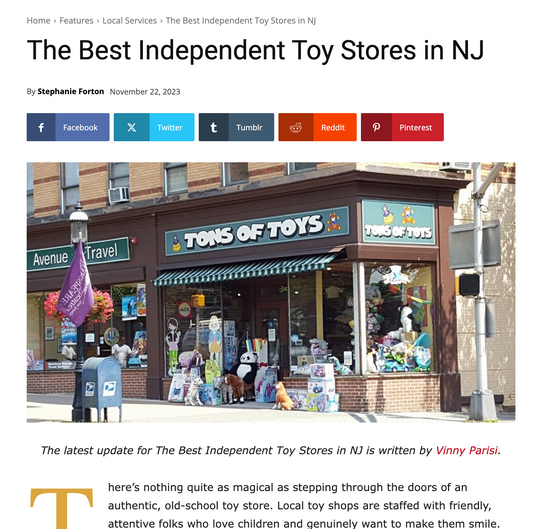 Quinnderella's Toys and Big Fun Toys named Best Independent Toy Stores in NJ